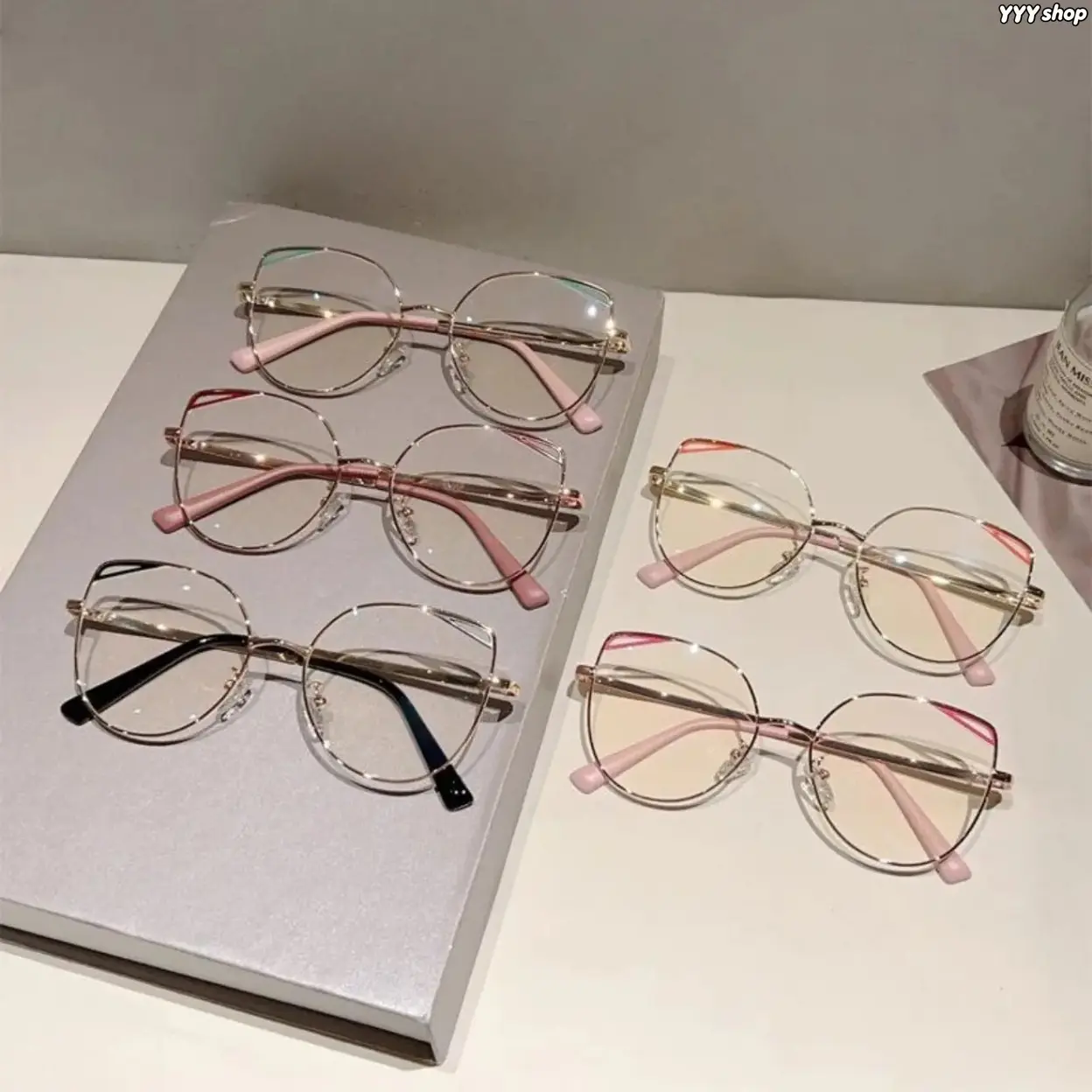 Women’s Semi-Rimless Hollow Metal Cat Eye Eyeglass Frames, Lightweight Premium Metal Frame Equipped With Blue Light Blocking Lenses, Trendy Decorative Eyewear Accessory For Daily Office, Indoor Screen Time & Outdoor Sun Styling