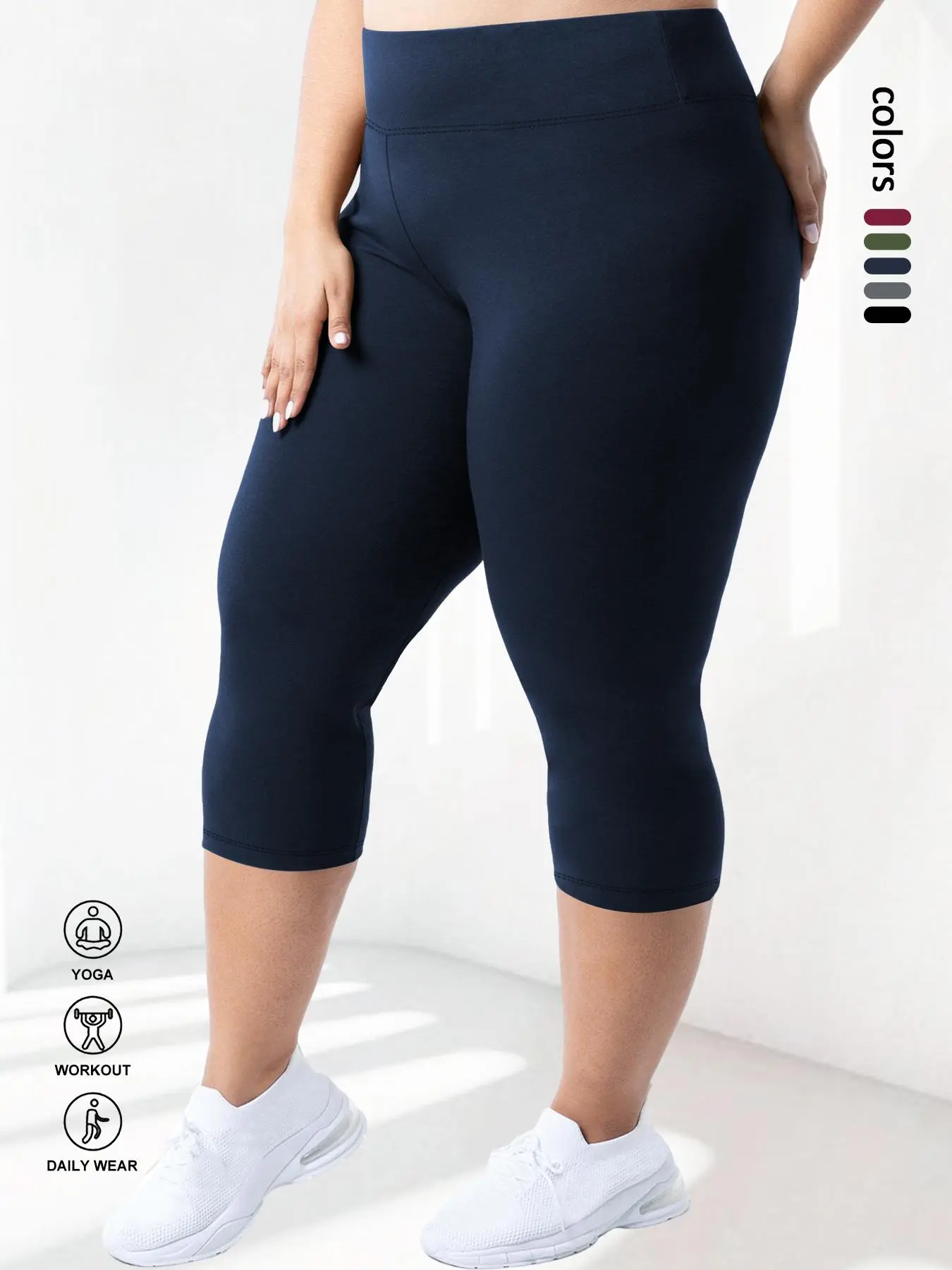 Plus Size Solid Stretchy High Waist Capris Leggings, High Waisted Sportswear, Comfy Breathable Skinny Pants for Daily Workout Yoga Wear, Women's Bottoms for Indoor Outdoor Wear, Shaping Leggings, All Season Activewear