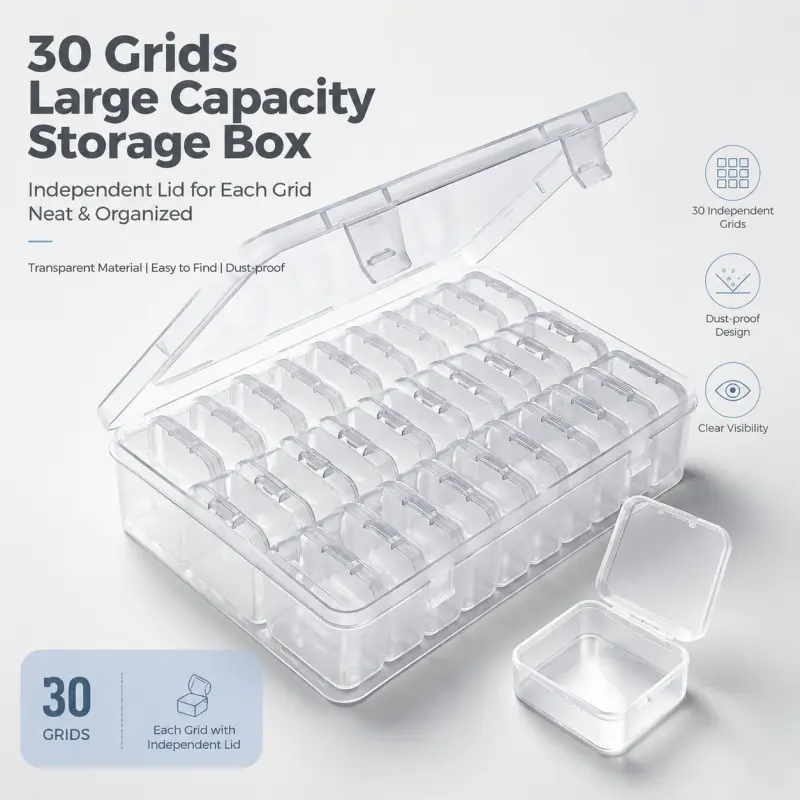 30-Compartment Transparent Plastic Storage Box, Dustproof with Individual Lids, Ideal for Beads, Jewelry, Craft Supplies, Small Parts