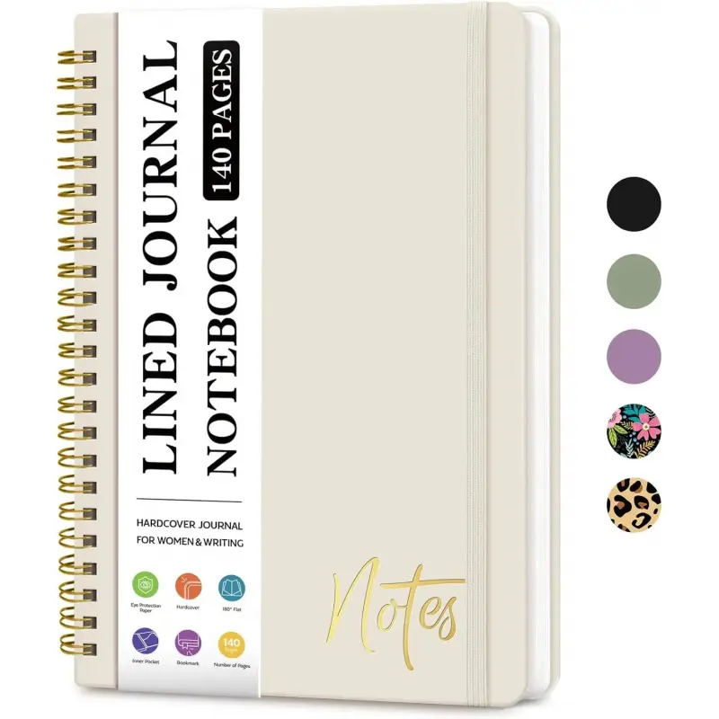 Women's Lined A5 Hardcover Spiral Journal, Campus Notebook for Writing, Work & School Office Supplies, 140 Pages - Grey Beige