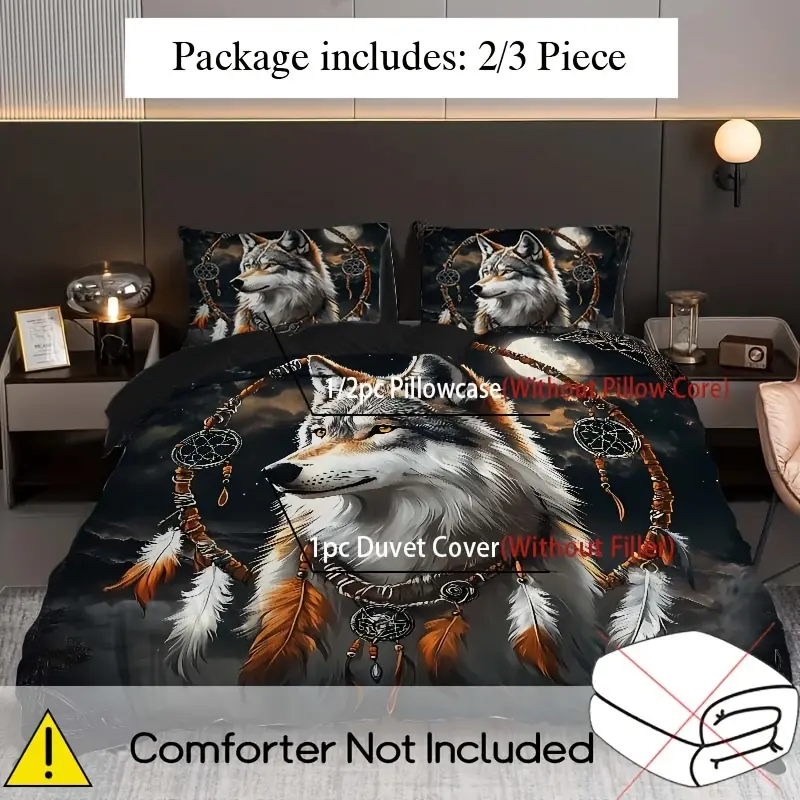 2pcs/3pcs Duvet Cover Set (1 Duvet Cover + 1pc/2pcs Pillowcase, Without Core), 3D handsome and elegant feather bed dream net and gray wolf animal Printed Bedding Set Bedroom and Guest Room