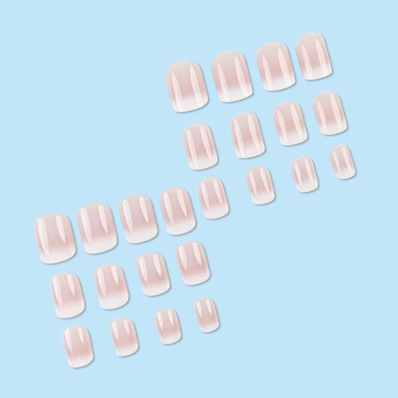 Short Square Press on Nails French Fake Nails Ombre Acrylic Nails Press on Full Cover Glossy Glue on Nails Artificial Stick on Nail for Women Manicure Decoration 24PCS