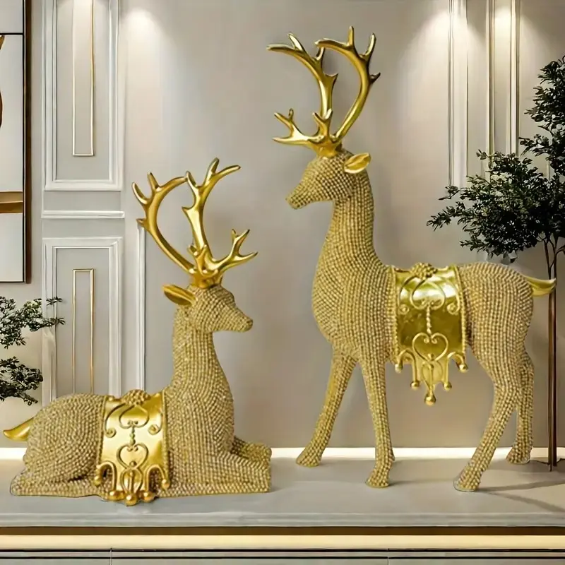 Artistic Deer Statues Set of 2, Silver Color Glitter Details, Chip Carving Sculptures for Christmas Thanksgiving New Year Home Decor, Decorative Sculptures