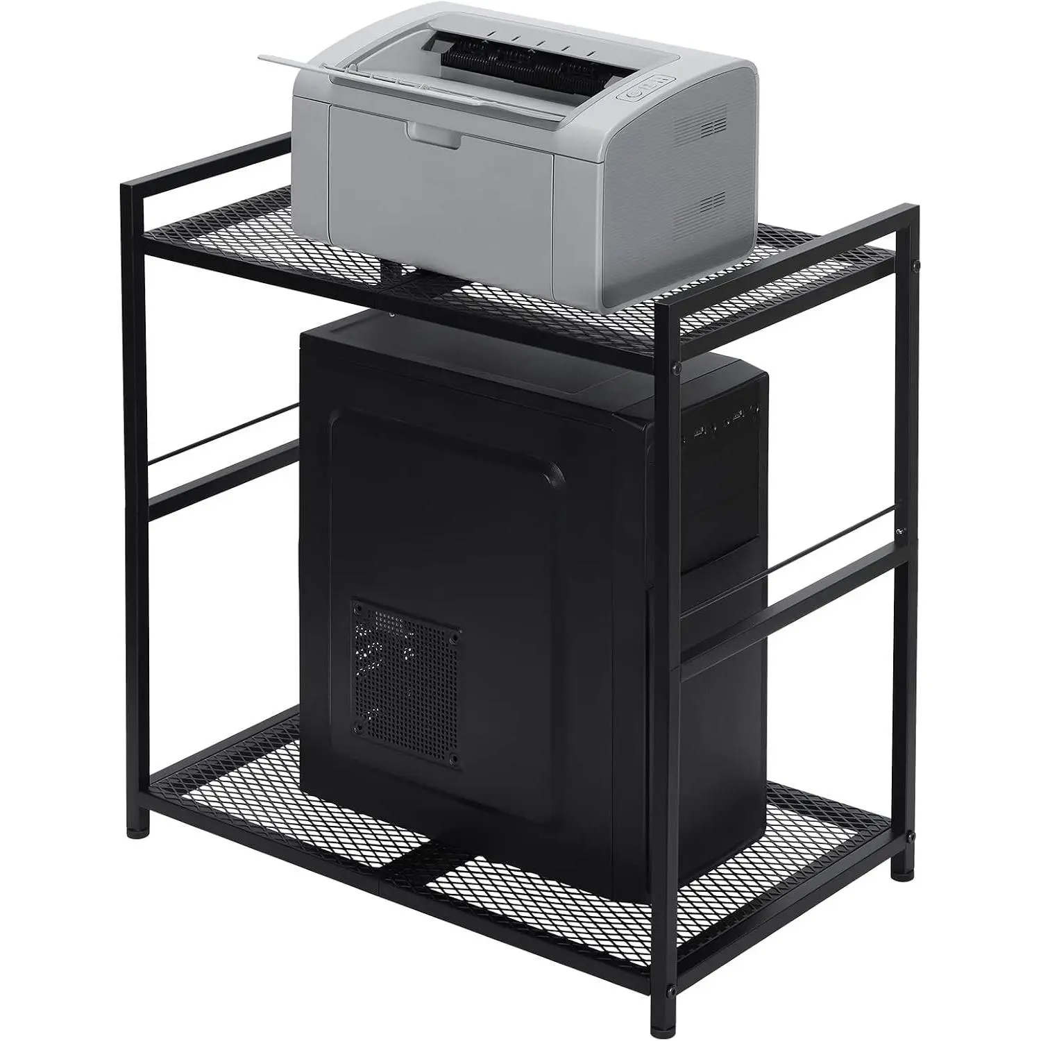 Computer Tower Stand, PC Tower Stand Metal Rolling Cart Holds up to 40lbs, 2 Tier Mobile Printer Stand with Storage Under Desk for Home & Office, Black