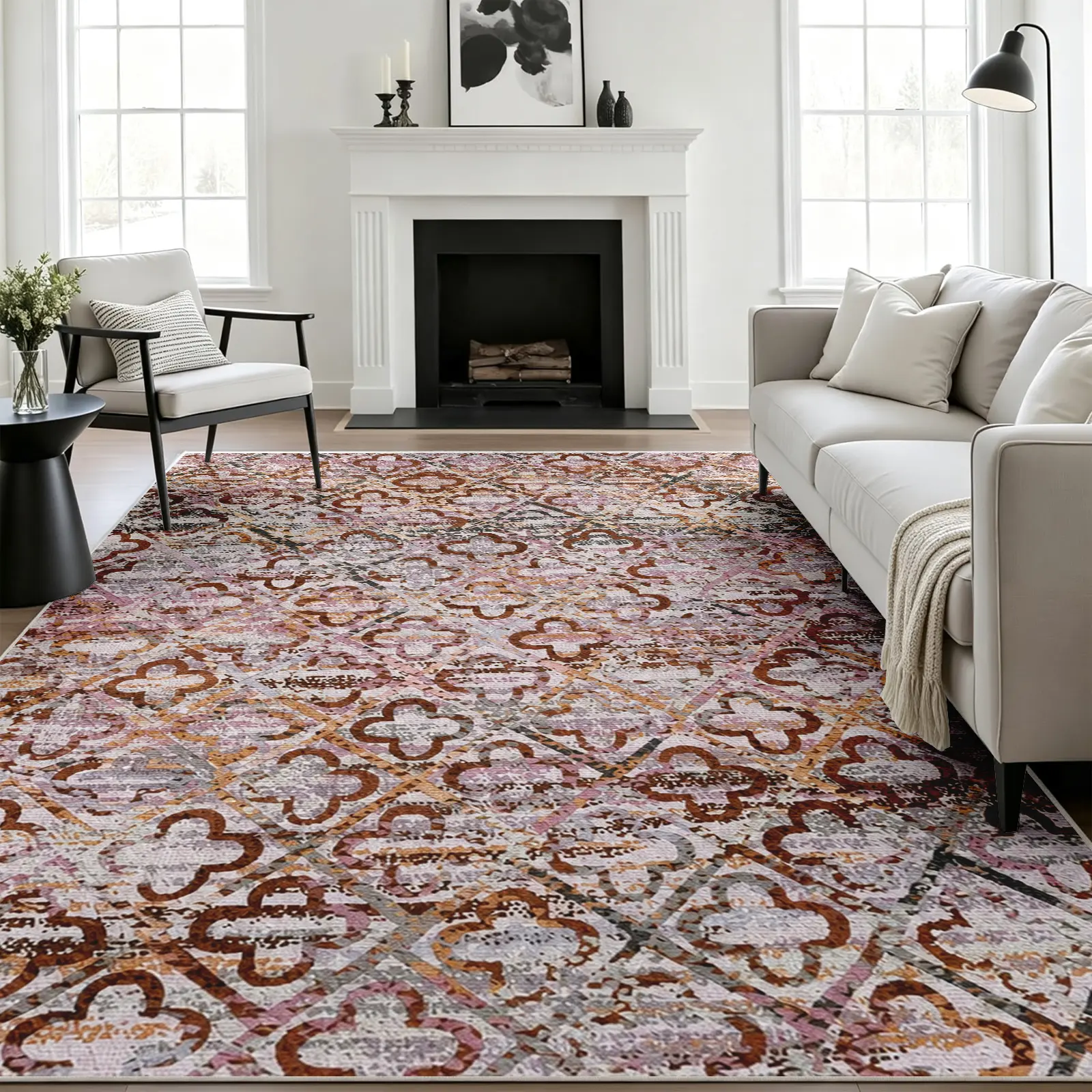 8x10ft Vintage Moroccan Quatrefoil Area Rug - Ultra-Soft, Non-Slip Backing, Durable Edge, Machine-Washable, Stain-Resistant Floor Carpet for Living Room, Bedroom, Office, and Dining Room, Easy Care Home Decor Alfombras Para Sala, Contemporary Home Decor,,