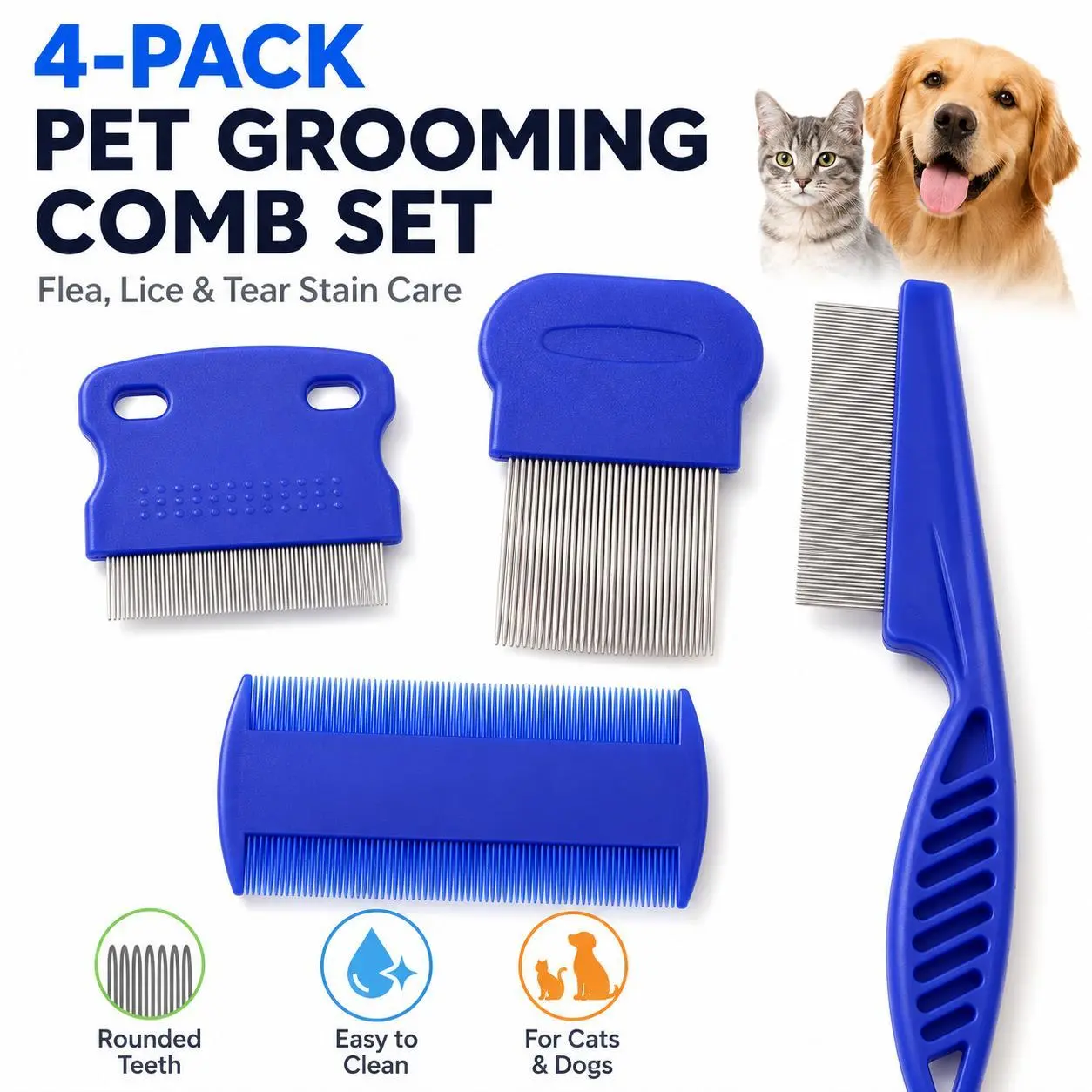 4 Pack Stainless Steel Pet Grooming Comb Set, Flea Comb with Rounded Teeth, Double-Sided Tear Stain & Dematting Tool for Dogs and Cats