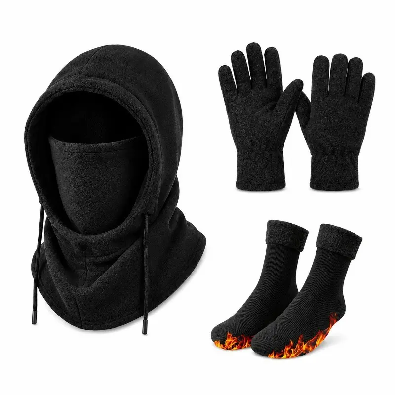 Plain Fleece Balaclava Hood Set for Adults, 5-Piece Full Coverage Winter Accessories with Gloves & Socks for Biking, Casual, Basic, Windproof Fashion Accessory Sets, Commute, Polyester, Soft Fleece Hood