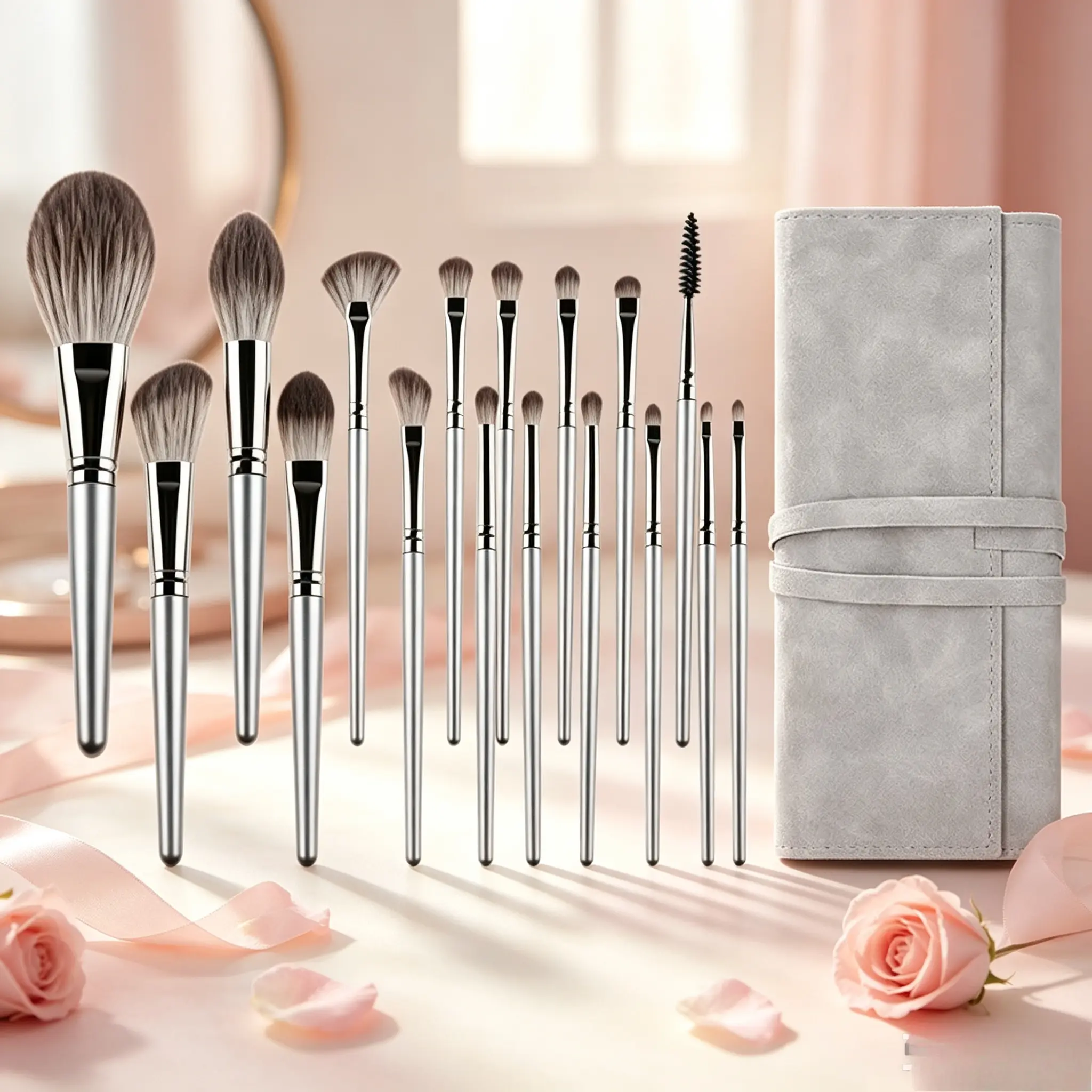 14pcs makeup brush set with suede storage bag, made of soft synthetic bristles. Ideal for foundation, blush, eyeshadow and concealer. Full face & eye brushes, perfect all-in-one makeup kit for beauty beginners.