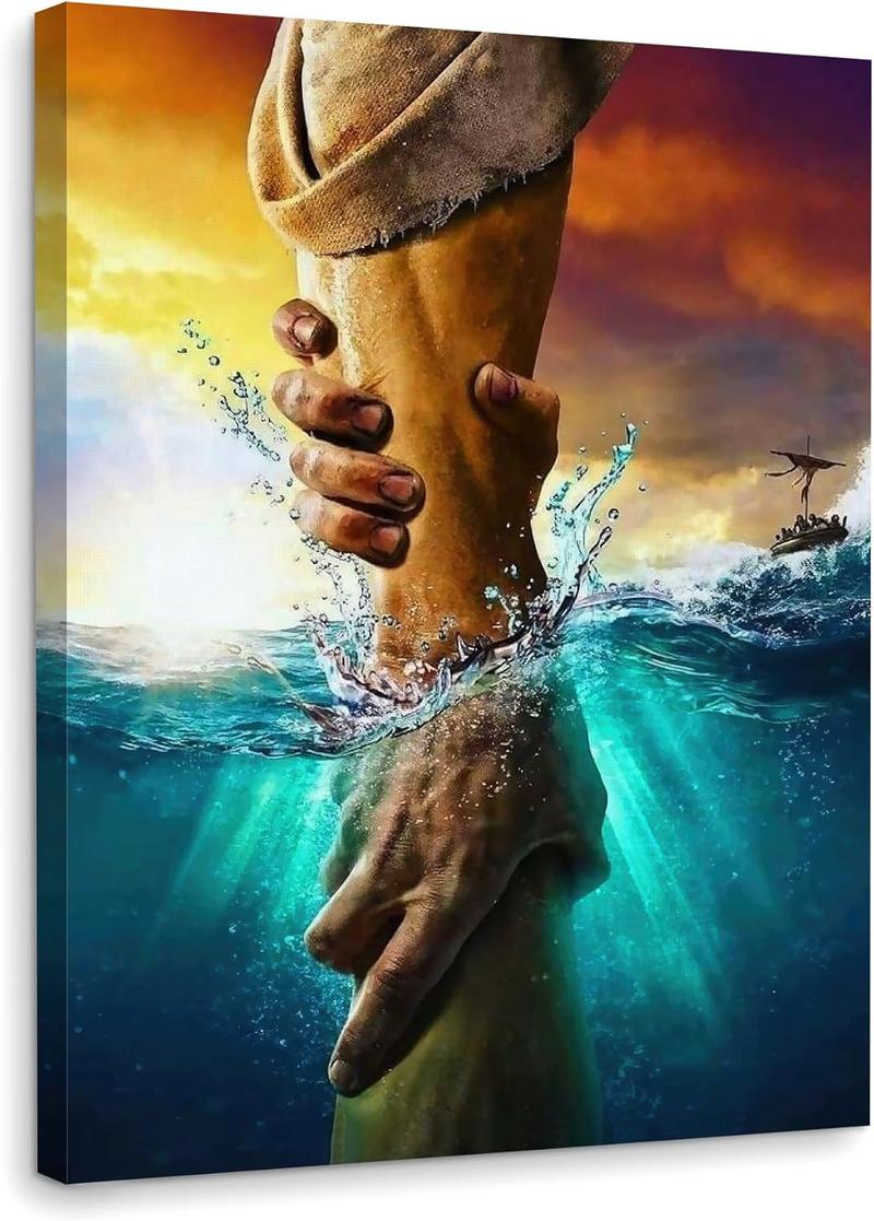 1 Count Framed Jesus Christ Canvas Wall Art The Hand of God Jesus Reaching Into Water Christian Painting Prints Biblical Wall Decor Religious Room Decor for Church Prayer Room Schools Hospitals 16x24inch