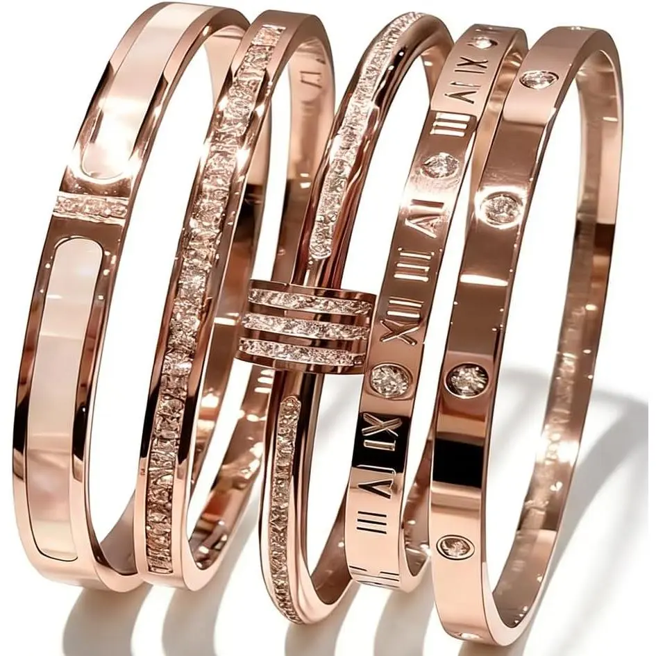 5- Elegant Stainless Steel Bracelet Set, Fashionable Classic Design, Stainless Steel 5 count Bracelet Set, Non Tarnish Bangle, Elegant Bracelets Sets for Everyday and Formal Wear