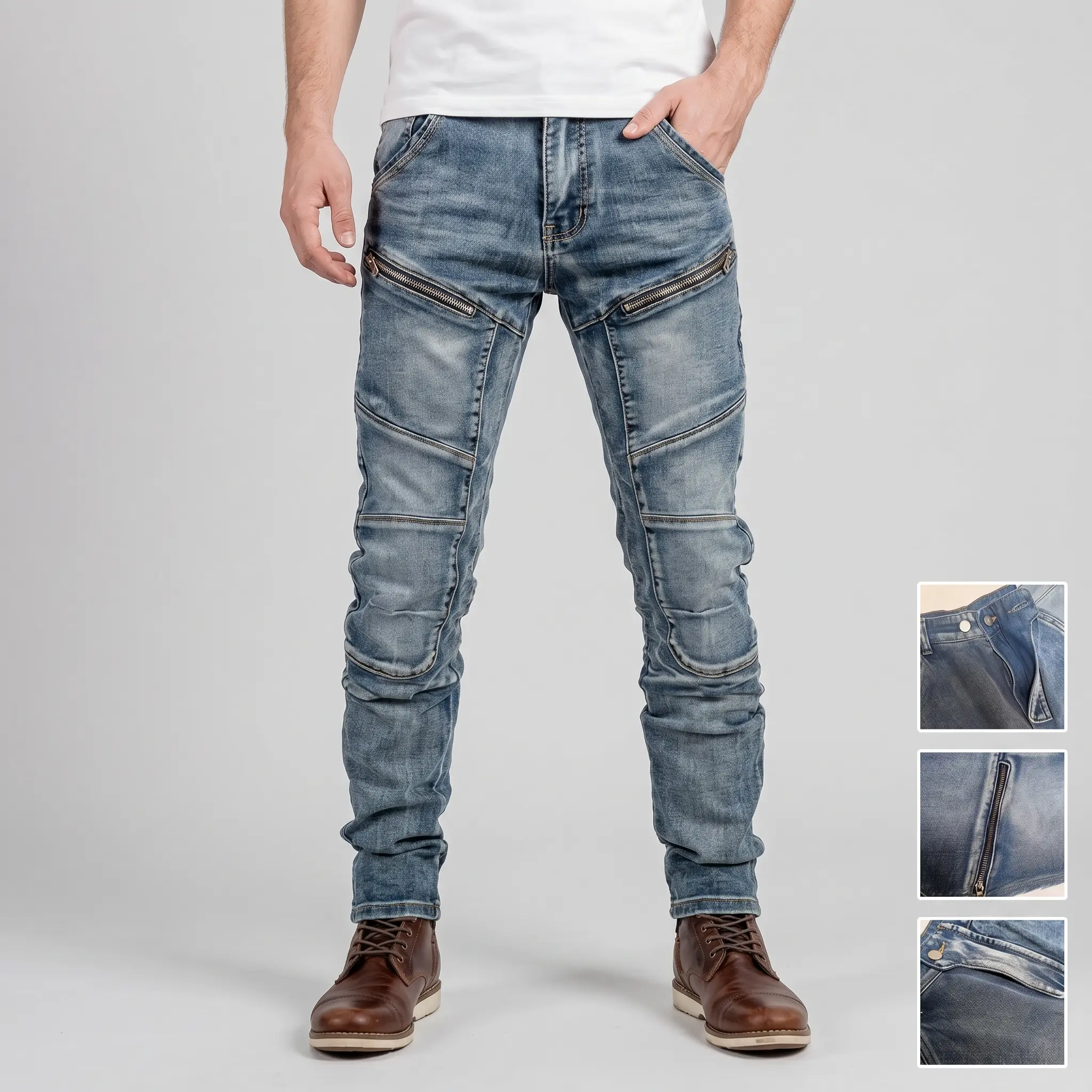 Big and Tall Men's Plain Kevlar-Lined Denim Pants - Slim Straight Fit Motorcycle Jeans with 2 Zippers, 3D Stitching, All-Season Anti-Abrasion, Anti-Fall Durability for Outdoor Riding, Daily Commuting, Menswear, Streetwear