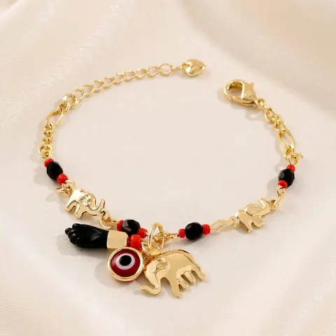 14K Gold Plated Lucky Elephant Evil Eye Hamsa Hand Pendant Bracelet, Hypoallergenic Adjustable Boho Stackable Bracelets for Women, Positive Energy Protection Jewelry Gift, Bracelet with Pendant