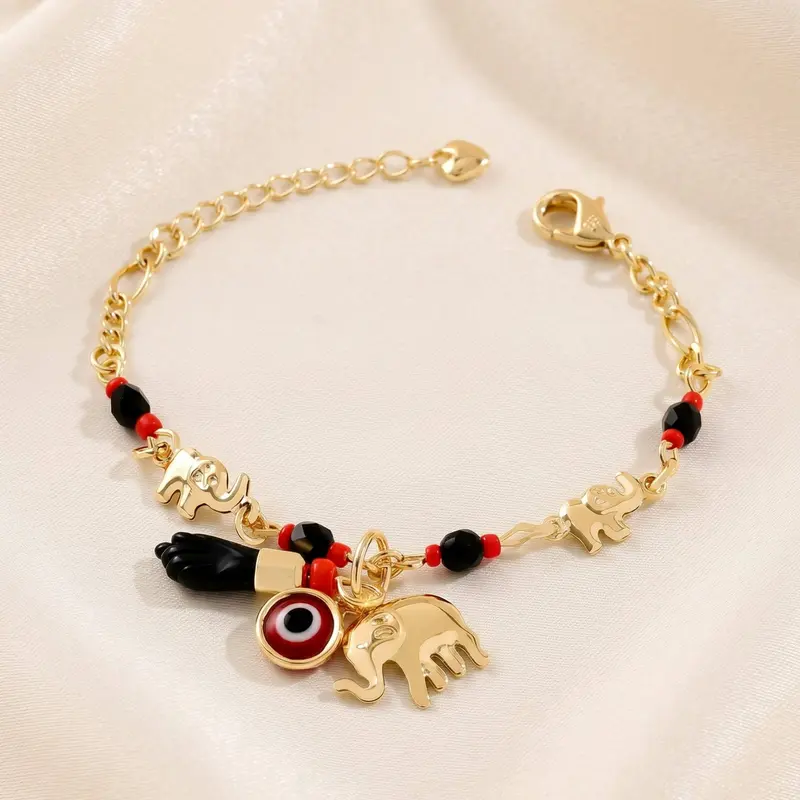 14K Gold Plated Lucky Elephant Evil Eye Hamsa Hand Pendant Bracelet, Hypoallergenic Adjustable Boho Stackable Bracelets for Women, Positive Energy Protection Jewelry Gift, Bracelet with Pendant