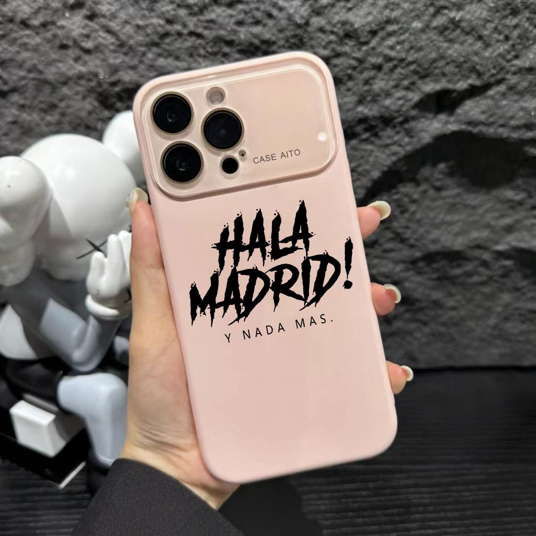 A mobile phone protective case with a HALA Madrid pattern design. It has protection at the camera lens, the case is generally soft, and it has a smooth handfeel. Suitable for iPhone 11, 12, 13, 14, 15, 16, 17 PIUS, Pro, and Promax