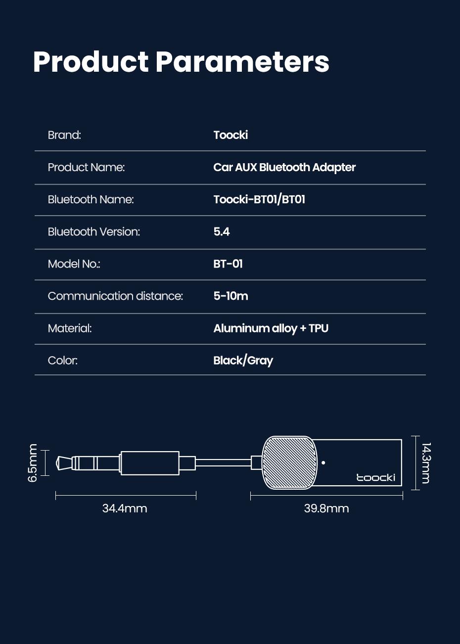 Toocki  Wireless Aux Bluetooth Adapter USB to 3.5mm Jack Car Audio Aux Dongle Bluetooth 5.4 Handsfree Kit for Cars Wireless Receiver BT Transmitter