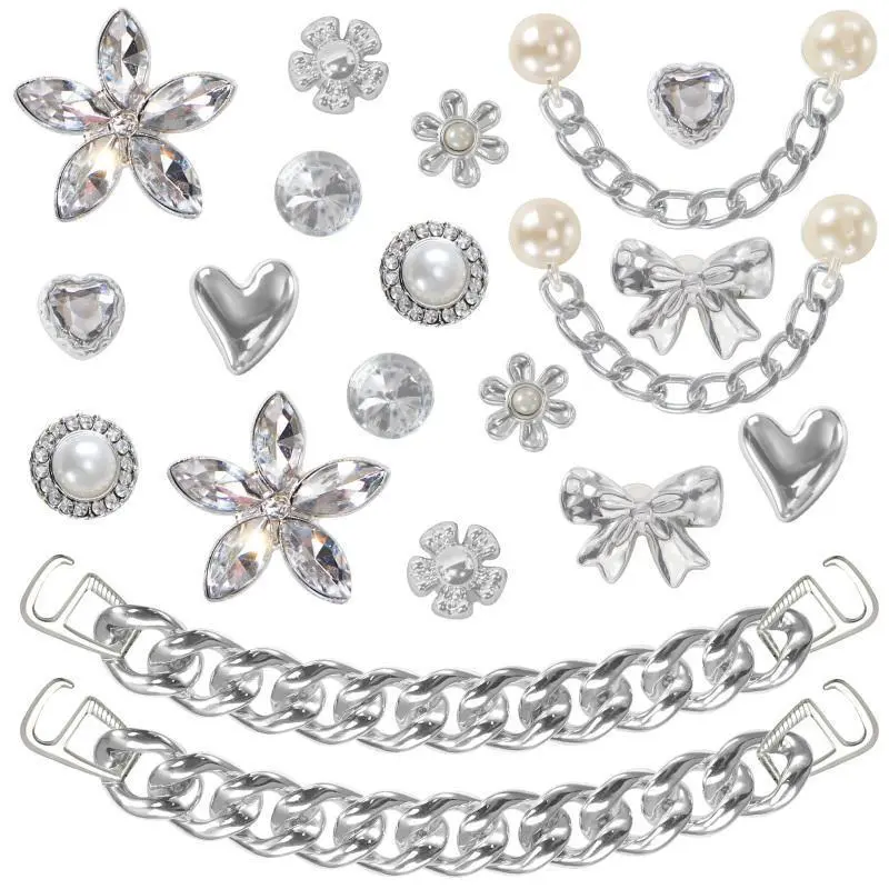 SOGLLQAM Bling Shoe Charms for Women, Plastic Rhinestone Flower Pearl Gems Shoe Charms with Sparkling Silver Shoe Chains, DIY Shoe Decoration Charms for Sandals, Clogs, Everyday Wear, Party, Birthday &  Gifts  holiday present 