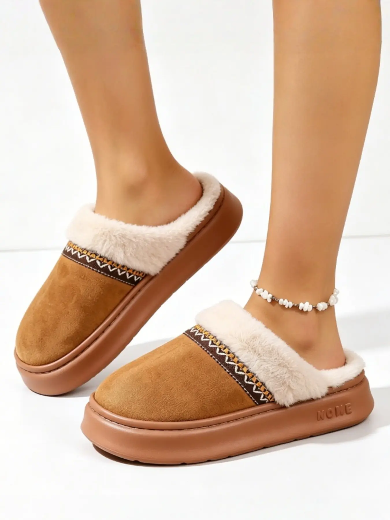 Boho Ethnic Style Suede Thick Sole Fuzzy Mules, Fashion Non-Slip Thick Sole Fuzzy Turned-Up, Warm Closed-Toe Indoor Outdoor Shoes, Unisex, Fuzzy House Slippers