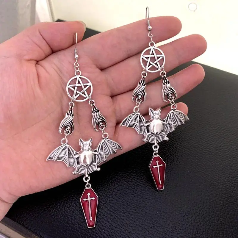 Gothic Bat Coffin Cross Dangle Earrings for Women, Vintage Punk Alloy Statement Jewelry with Red Star Charm, Y2K Grunge Witchcore Halloween Earrings, Lightweight Alternative Fashion Accessories for Cosplay, Festivals, Parties & Everyday Wear