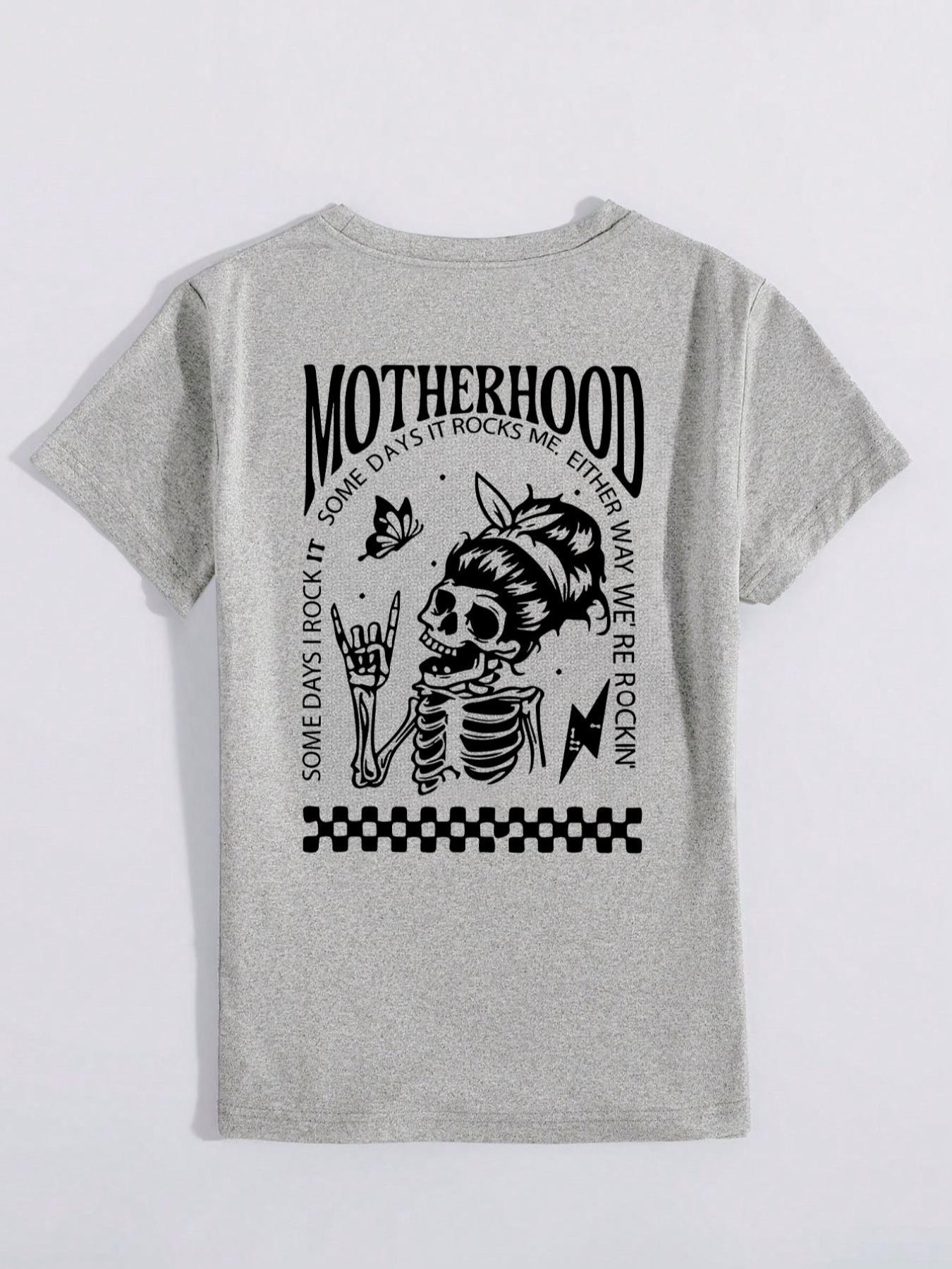 Women's Skull & Letter Graphic Round Neck Tee, Casual Fashion Drop Shoulder Half Sleeve T-Shirt, Tops for Daily Wear, Ladies Clothes for All Seasons