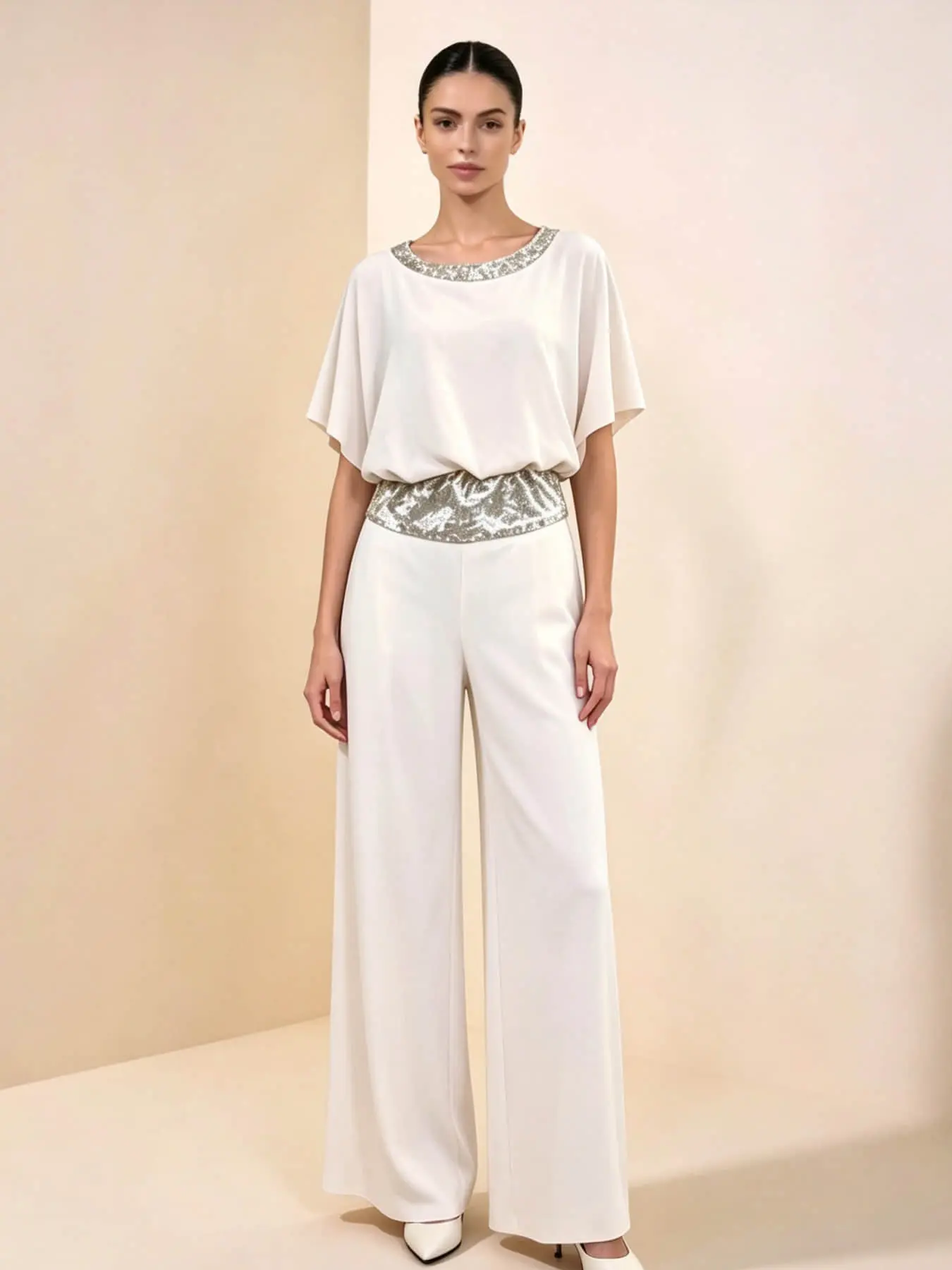 Two-Piece Women's Fashion Light Luxury Minimalist Sequin Belted Set: Round Neck Silver Sequin Waistband Loose Hiding Body Long Wide Leg Pants Set, Suitable for Summer, Perfect for Evening Parties, Office Commutes, Vacation Trips, and Wedding Guests