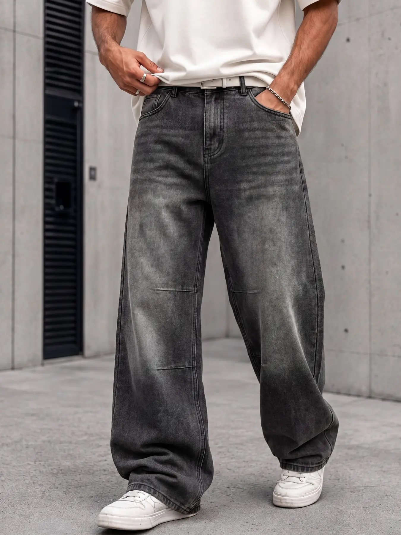 Men's gray washed classic loose straight-leg denim pants, featuring panel seam detailing, American vintage streetwear style, suitable for daily outfits and weekend outings