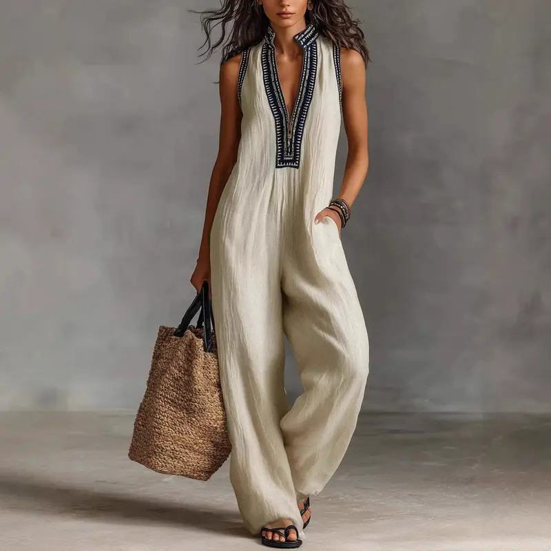 Women's simple linen blend sleeveless jumpsuit with zipper and stand-up collar decorated with embroidery