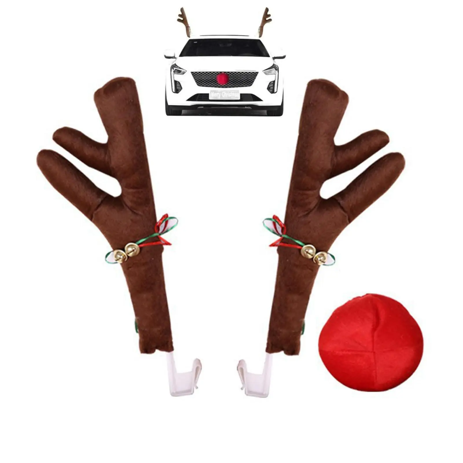 Car Christmas Reindeer Antler Decorations with Bell, Rudolph Nose Car Accessories Set, Festive Holiday Decoration Kit