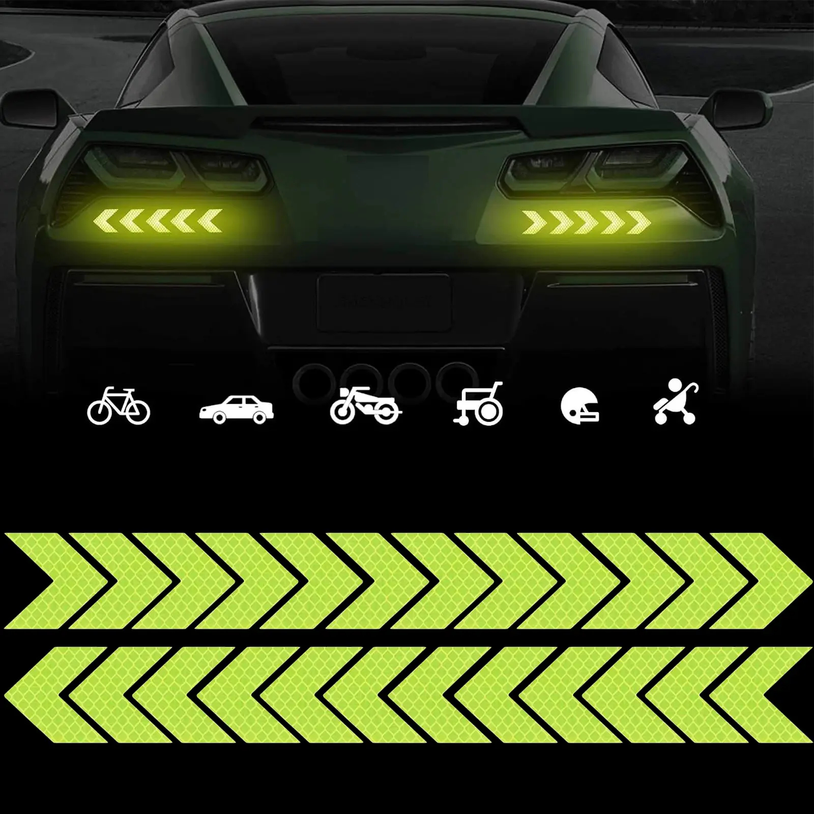 24Pcs Strong Reflective Arrow Decals, High-Intensity Night Visibility Diamond Grade Reflective Stickers Safety Warning Waterproof for Car Motorcycle Stroller Wheelchair