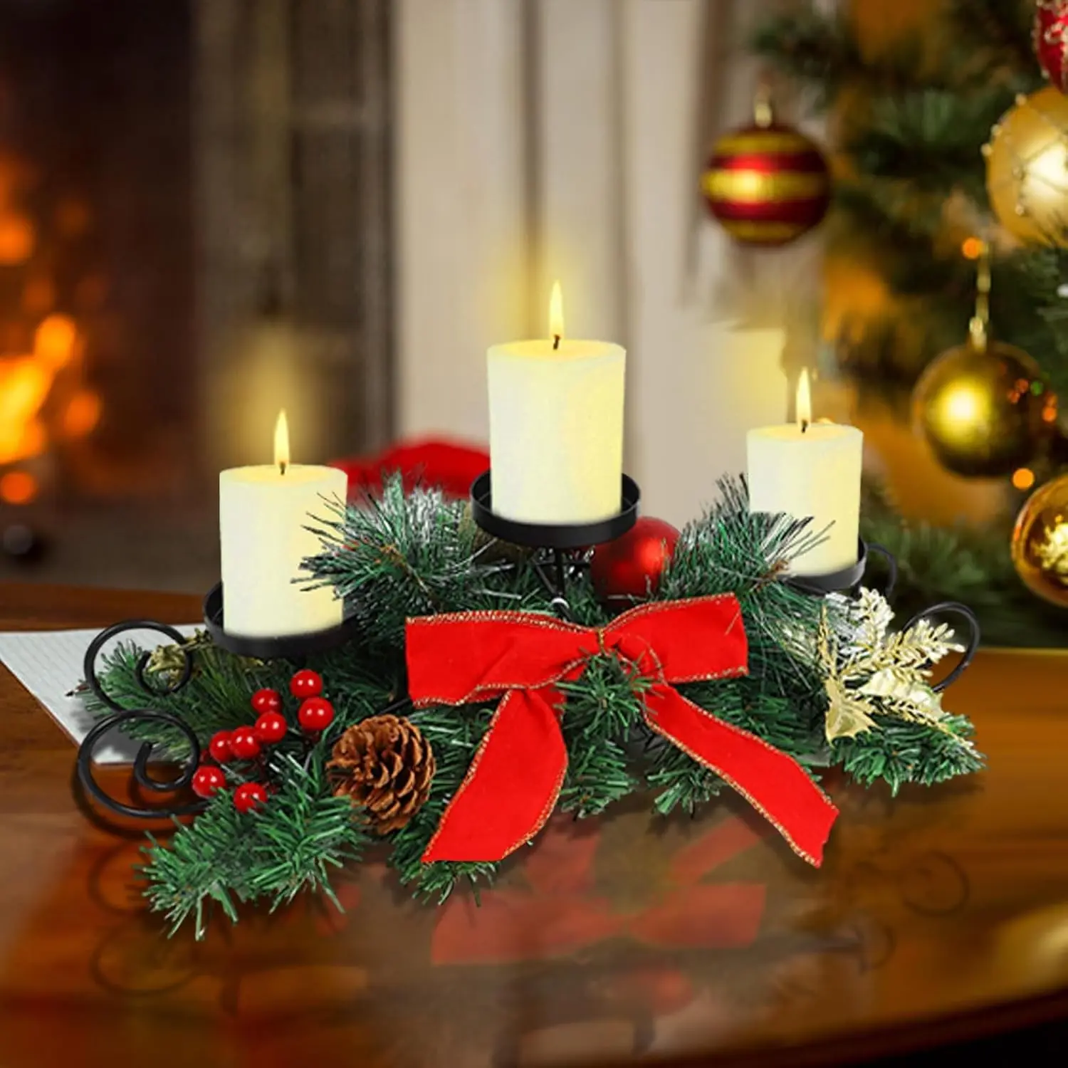 Christmas Candle Holder Centerpiece, Xmas Tabletop Decor with Red Bow Berries Pinecones, Table Centerpiece with Steel Base for Christmas Decoration