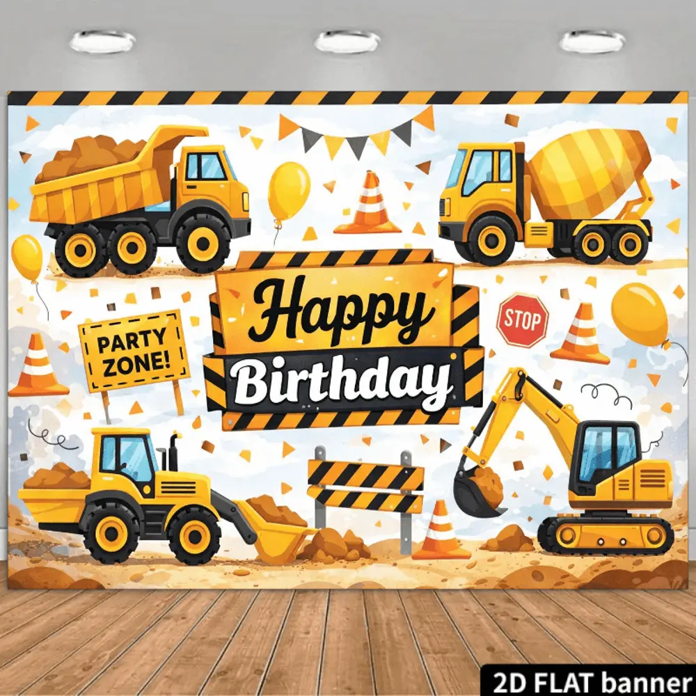 2D Flat Construction Truck Happy Birthday Theme HD Print Polyester Backdrop, Soft Lightweight Foldable Machine-Washable Cloth for Photographic Images, Birthday Party Photo Shoots & Portrait Photography