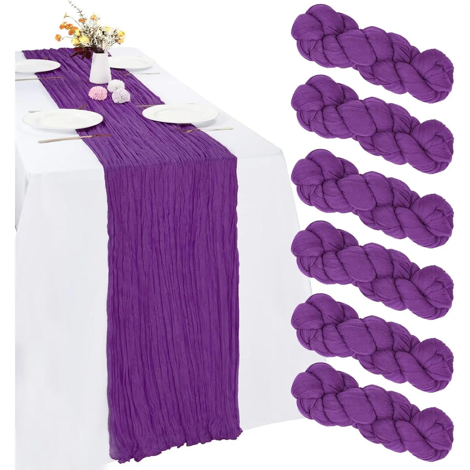 6 Pack 10FT (35 x 120 Inch) Purple Cheesecloth Table Runner Boho Gauze Rustic Sheer Fabric for Spring Holiday Wedding Baby Shower Party Decoration