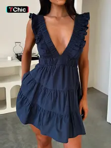 Women's Plain Ruffled Deep V Neck Dress, Casual Breathable Dress for Summer, Women's Clothes for Daily Wear, Womenswear