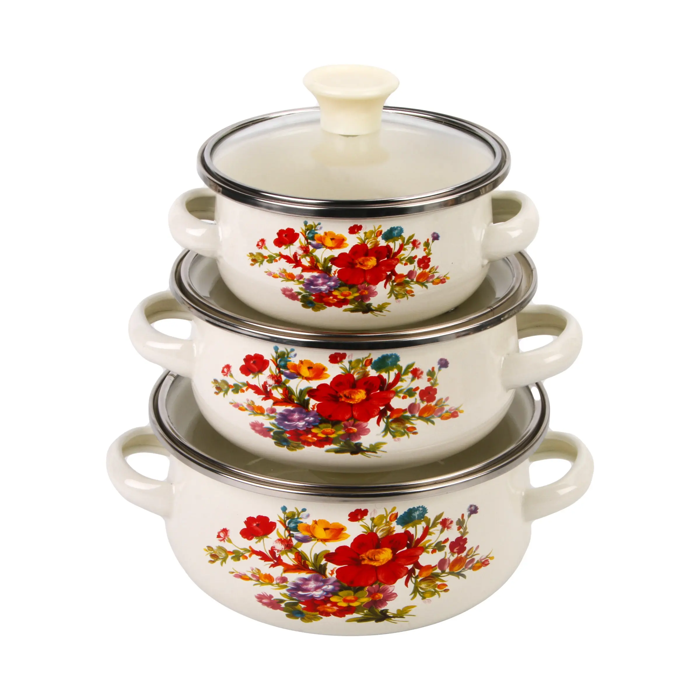 1set Multi-Functional Enamel Cookware Set, Three Pieces with Glass Lids, Mini Soup Pot, Serving Bowl, Kitchen Utensils for Home Use Cookware Kitchen Sets