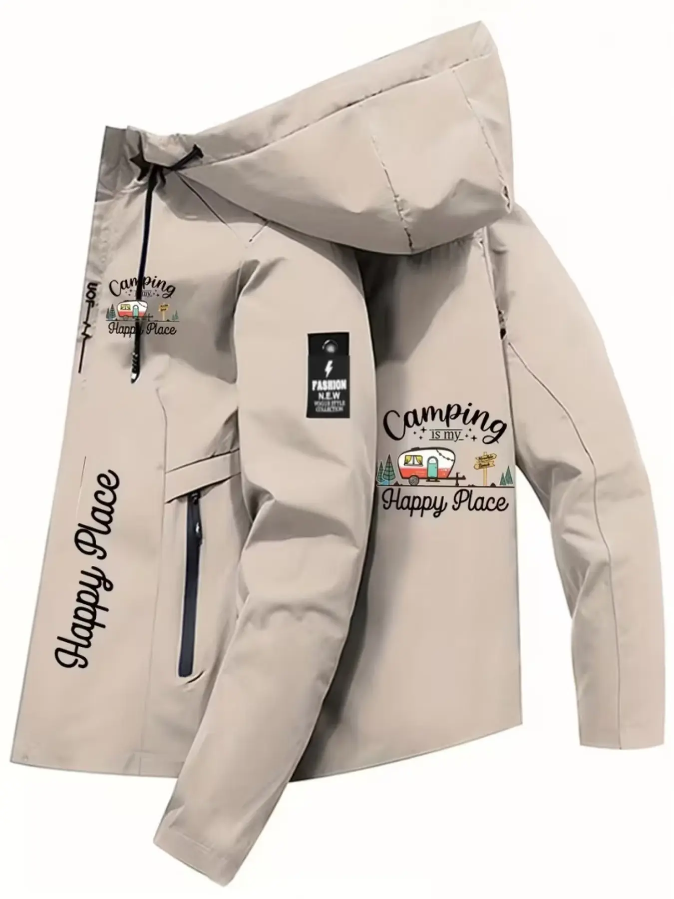 Men's Camping Car Print Hooded Jacket, Durable Polyester Outdoor Coat, Zip Pockets, Adjustable Hat Brim, Adventure Gear