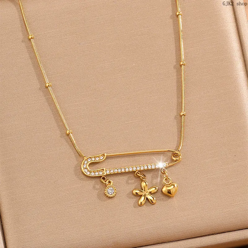 Gold Tone Crystal Safety Pin Charm Necklace - Anti-Tarnish Polished Stainless Steel Beaded Snake Chain, Detachable Heart Flower Charms, Trendy Casual Wear Costume Jewelry