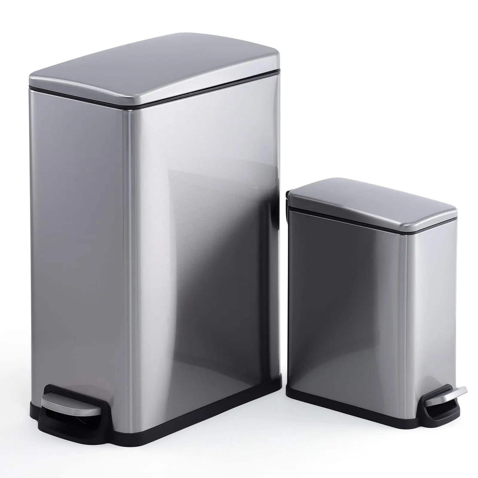Garvee Space-Saving Slim Stainless Steel Indoor Trash Can Combo Set – Step Pedal Garbage Bins with Lid Removable Buckets Odor Sealing Rust & Fingerprint Resistant Pet-Proof – Ideal for Kitchen Bathroom Office Bedroom – 12 Gallon & 2.6 Gallon