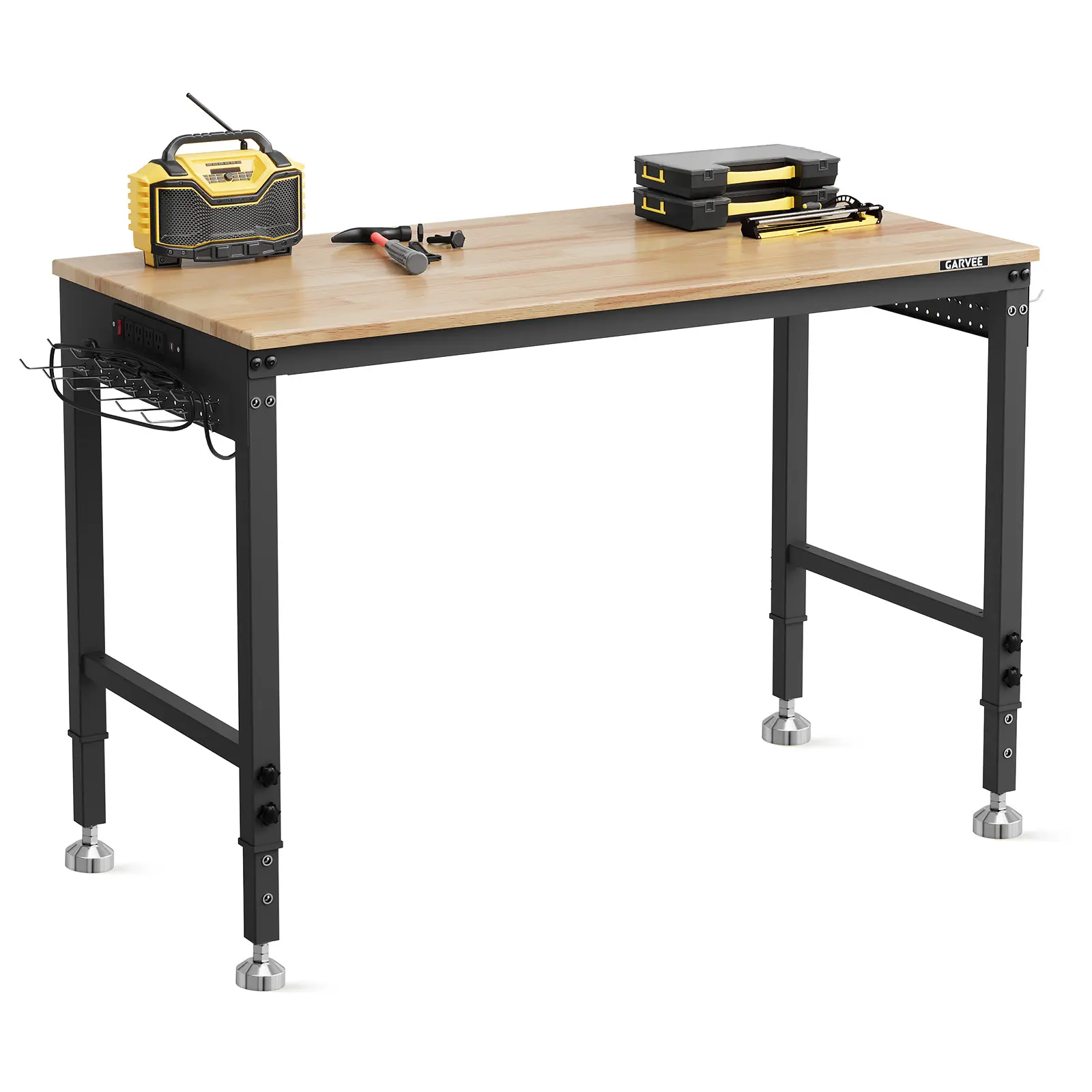 Garvee Adjustable Height Workbench 48x24 Inch – 6 Levels – 2000 lb Capacity – Solid Rubberwood Top – ETL Power Outlets – Pegboard & Hooks – 4 Leveling Feet – Ideal for Garage, Workshop