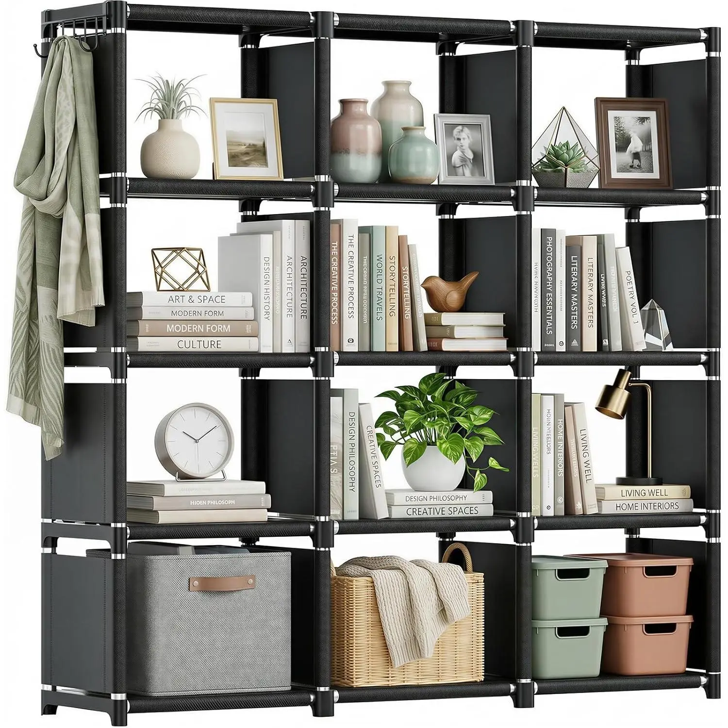 Book Shelf, 12 Cube Storage Organizer, DIY Bookcase, Metal Bookshelf,Tall Book case for Bedroom, Living Room,Office,Closet, Black Cubicle Rack
