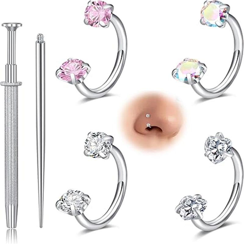 6pcs  20G(0.8mm)/18G(1.0mm) 8mm Horseshoe Nose Hoop Internally Threaded Gems Nose Ring with Free Ball Holder