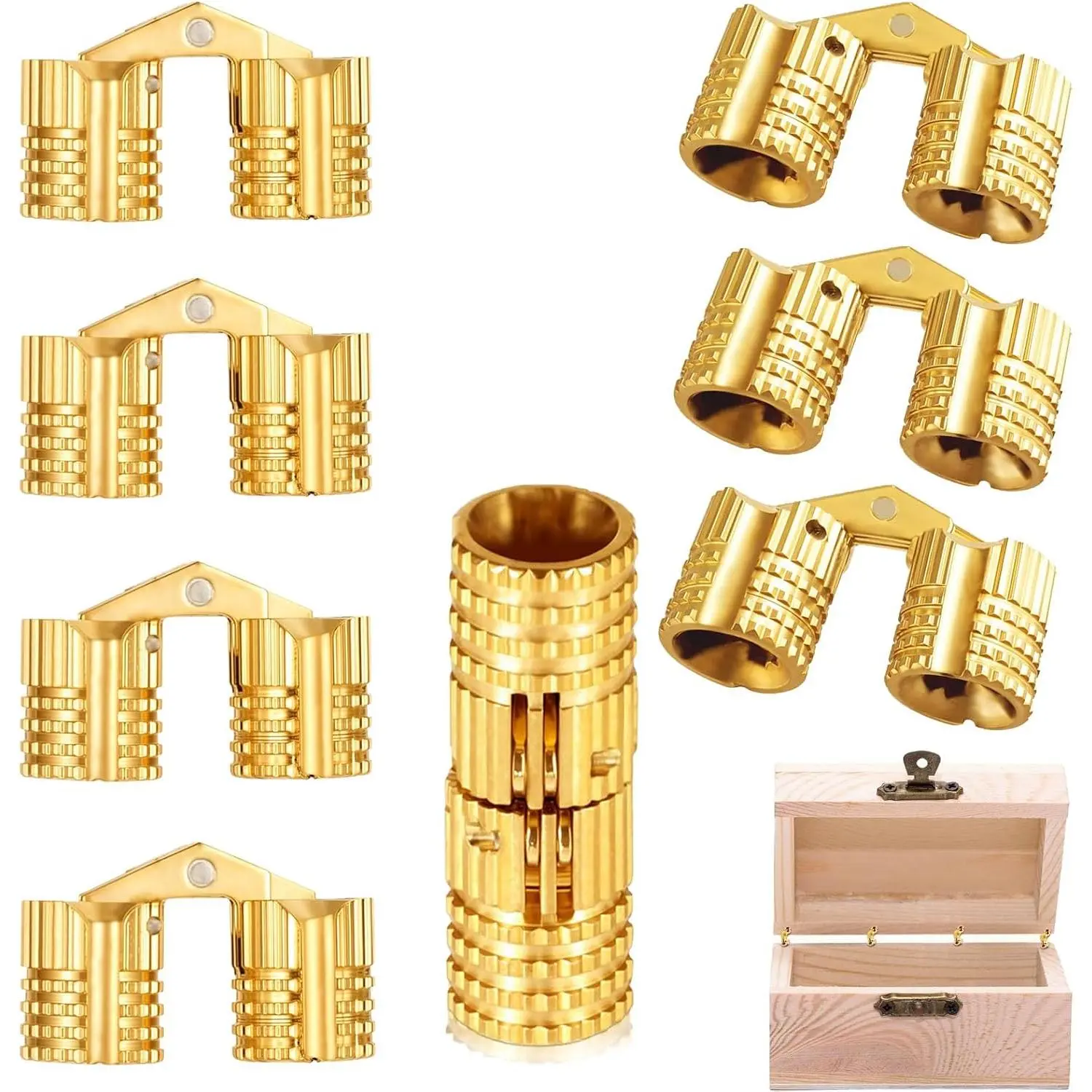 Hidden Brass Barrel Hinges,Hidden Invisible Cabinet Furniture Hinges, 180 Degree Opening,8mm, 8-Piece Set for Jewelry Box Crafting