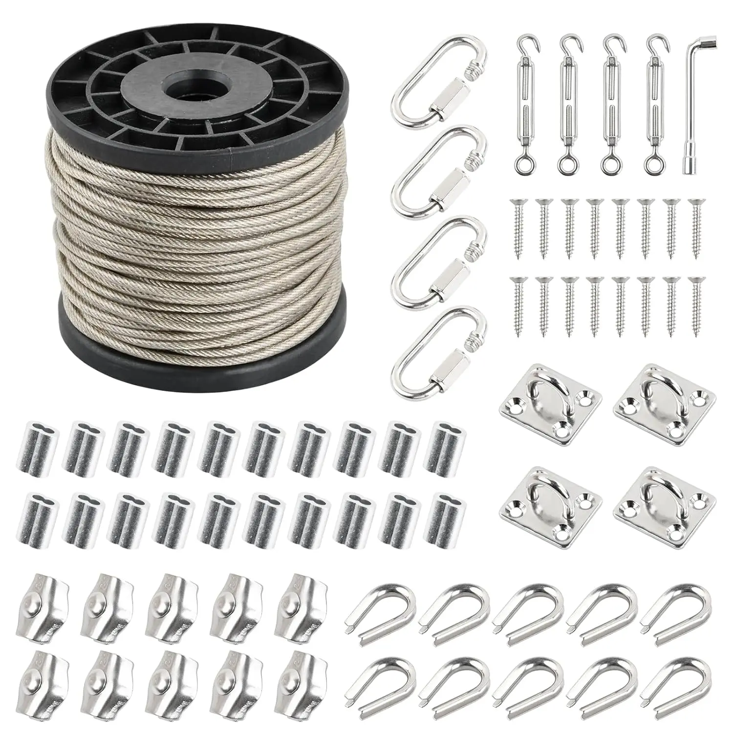 1/8" Steel Wire Rope Kit 304 Stainless Steel Cable, 98Ft PVC Coated Cable Wire with Turnbuckles, Wire Tensioner, Crimping Sleeves, Aircraft Cable for String Light, Clothesline, Picture Hanging Craft