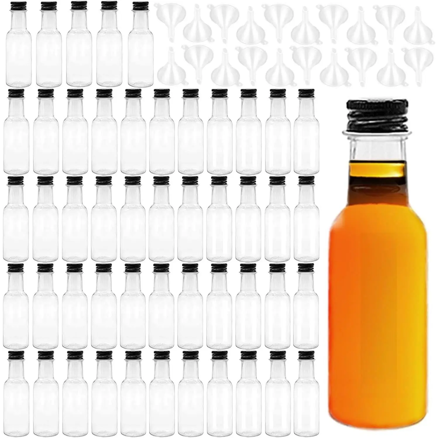 50 Pack 1oz/30ml Mini Empty Liquor Bottles with Black Caps, 20 Funnels Included, Miniature Spirit Alcohol Bottles for Weddings & Party Favors