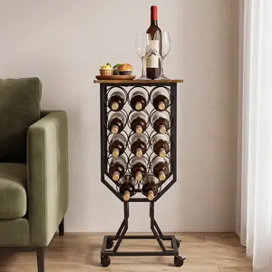 Freestanding Wine Rack with Wheels, Mini Bar Table Wine Holder Stand, Rolling Beverage Cart Holder 12 Bottles for Counter, Kitchen, Dining Room