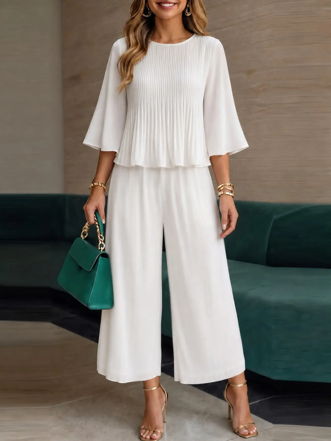 ZANZEA Women's Round Neck 3/4 Sleeve Loose Blouse and Pants Set, Casual Two-Piece, Lightweight Fabric, Daily Wear, Korean Style
