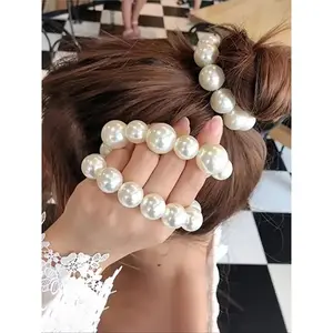 Faux Pearl Hair Scrunchies 3-Pack, Cute Pearl Hair Ties for Women & Girls, Elegant No-Damage Elastic Hair Ties, High Elastic Scrunchies for Thick Hair, Ponytail & Bun Holders, Bridal Wedding Prom Daily Wear