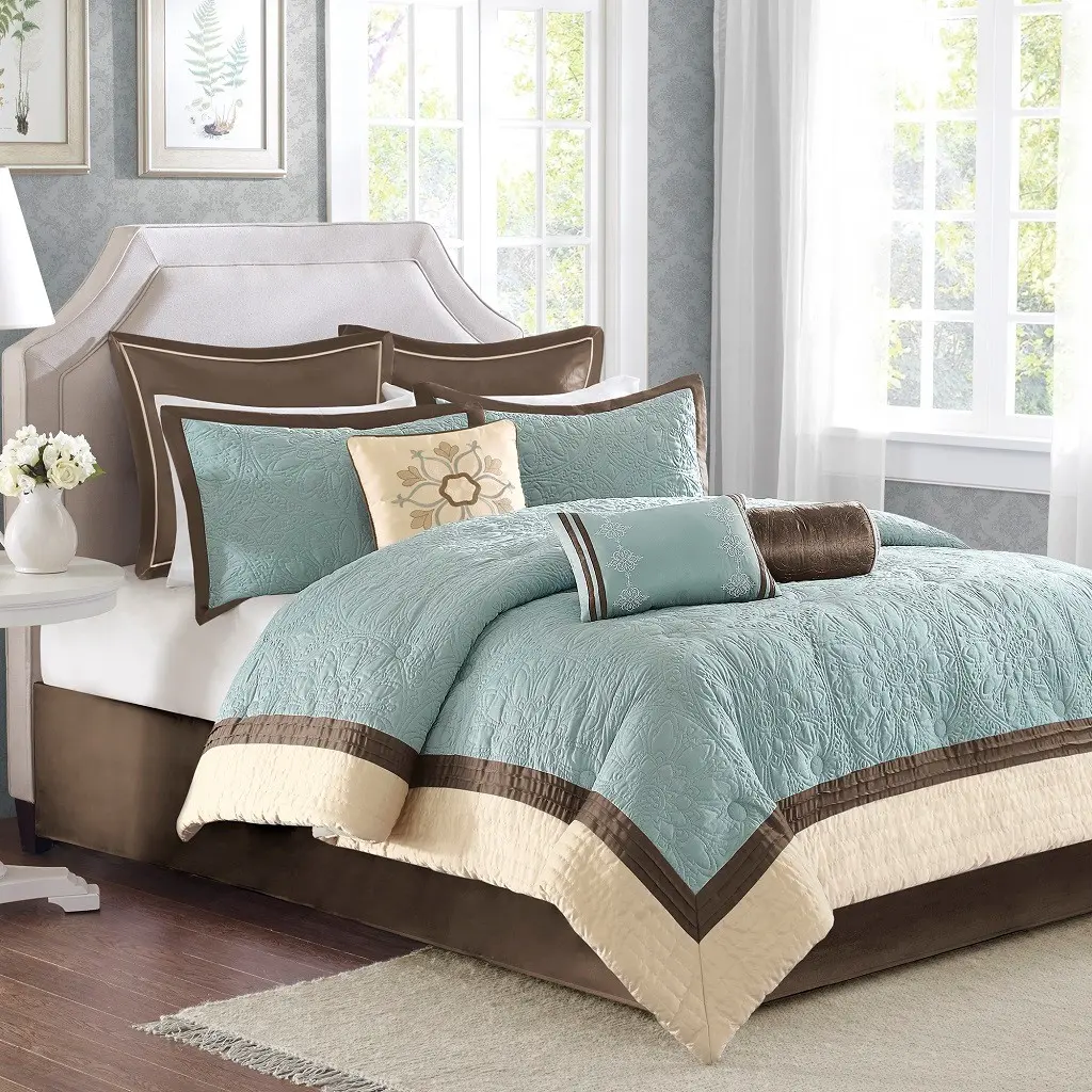 Nokaa 9-Piece Charmeuse Comforter Set Queen Size Bedding Collection with Polyester Quilted Charmeuse, Decorative Pillows, Euro Shams, Chocolate Brown Light Blue Ivory Accents, Machine Washable