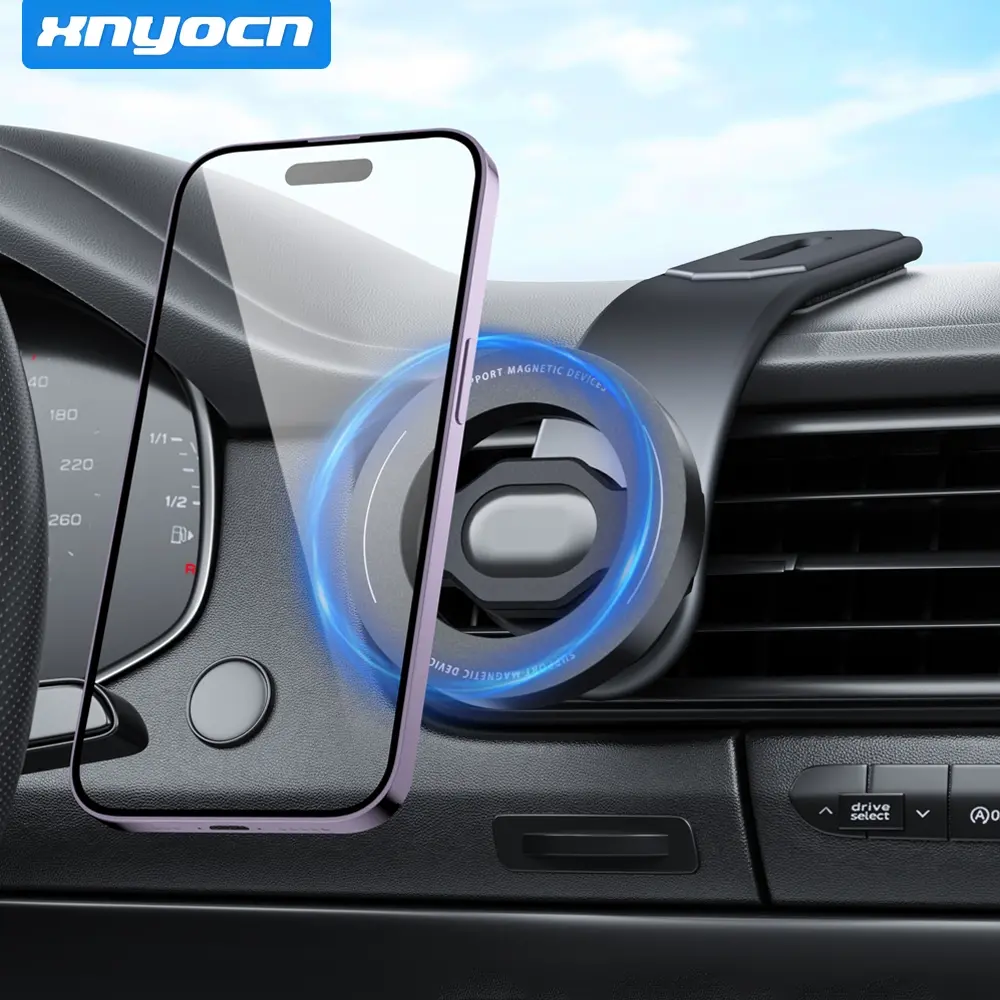 Magnetic Car Phone Mount, Flexible Gooseneck Cellphone Holder with N52 Strong Magnet, 360° Rotation Adhesive Dashboard Stand, Hands-Free Cradle with Free Metal Ring For All Smartphones