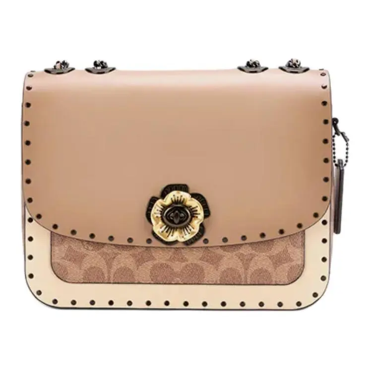 COACH Madison 24 Camellia Logo Turn-Lock Crossbody Bag for Women, Medium Size, Gray-Brown Leather