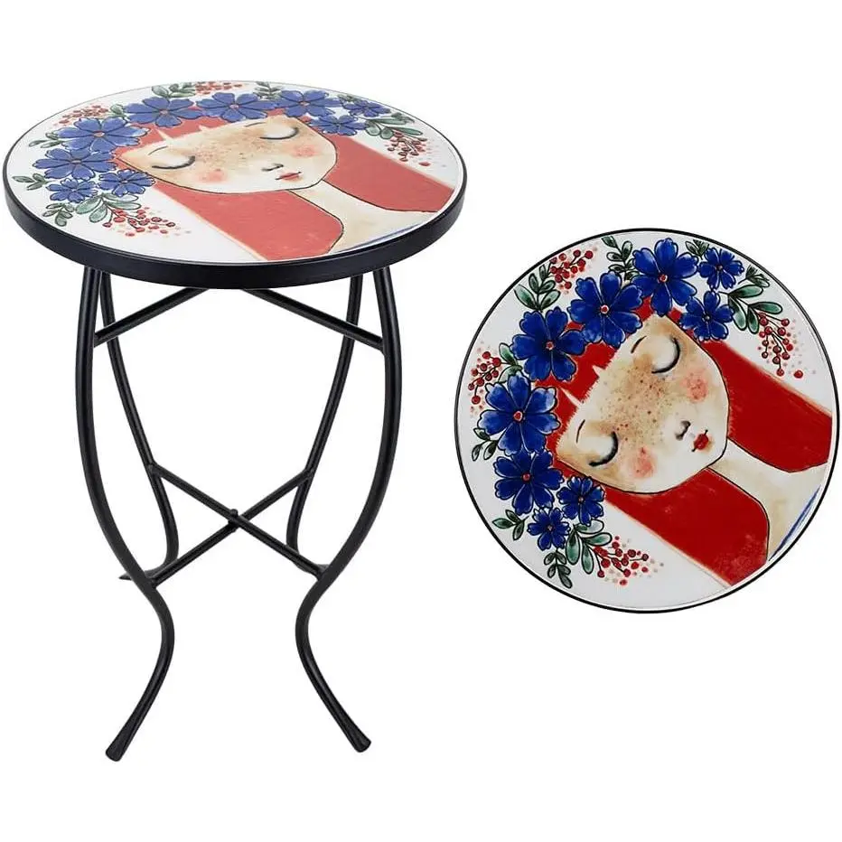 14 Inch Mosaic Patio Round Side Table with X-Curved  | Indoor Outdoor Accent Round End Table with Ceramic Tile Tops for Yard, Garden, Living Room, Bistro, Red Hair Girl