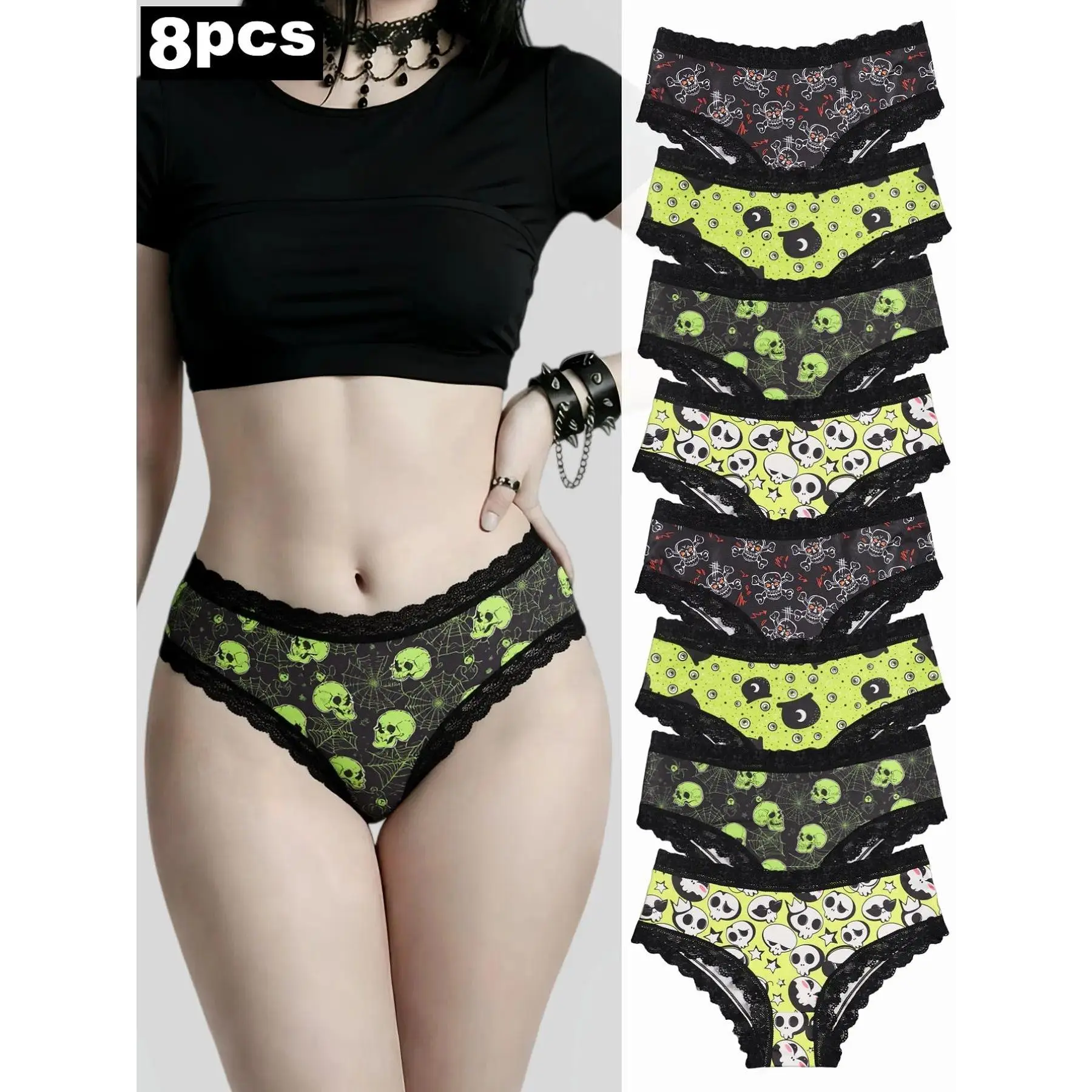 8-Pack Gothic Skull Print Lace Trim Underwear Set, Halloween Baddie Style Women’s Triangle Lacy Panties, Lingerie, Panty